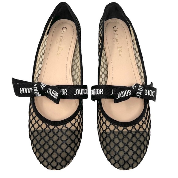 ⭐️Dior Miss Dior J'Adior Black Netting Resille Round Toe Ballet Logo Bow Flats⭐️ - Picture 1 of 12